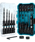 Open case showing Countersink Drill Bit Set For Woodworking, 19 Piece Set With Tapered Bits and Wood Plug Cutters by Libraton.