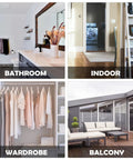 4 images showing versatile uses for 6 Pcs Stainless Steel Wall Hooks Zero Damage Install No Sweat Mount in bathroom, indoor, wardrobe, and balcony.
