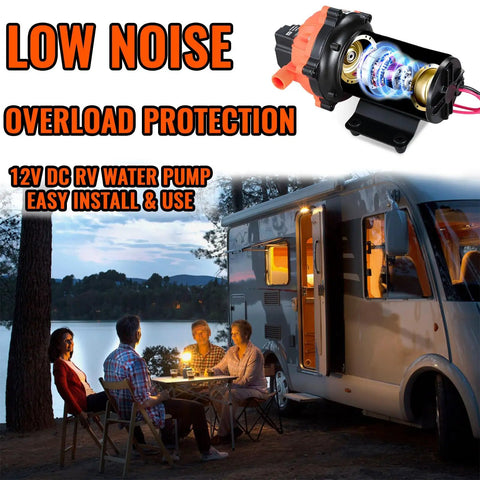 Image of 12V RV Fresh Water Pump That Delivers 7 GPM At 75 PSI Self Priming Diaphragm With Pressure Switch And Filter, RV setting.