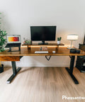 Heavy Duty Solid Wood Sit Stand Desk With Integrated Under Desk Drawer 60 Inches Wide in modern home office setup.