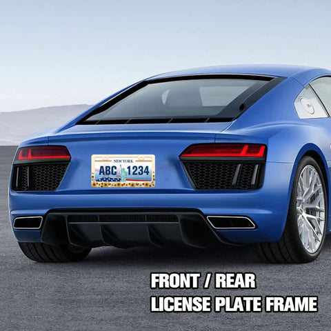 Blue sports car with Dope Sunflower Pattern License Plate Frame Stainless Steel 12x6 Inch Flower Design Auto Part Holder With Screws