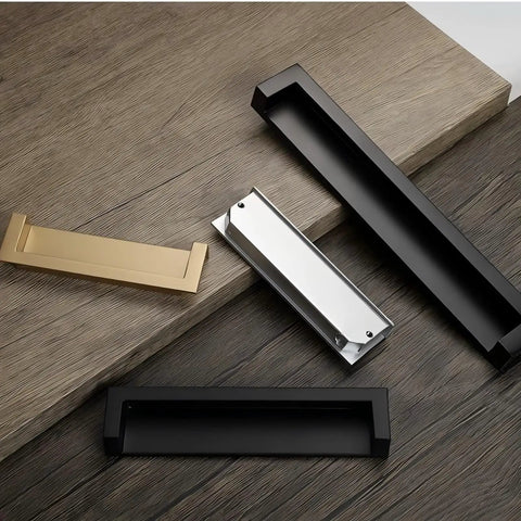 Rock Solid Zinc Alloy Recessed Handles For Kitchen Cabinets Set Of Two Black Inset Hidden Flush Drawer Pulls on wood surface.