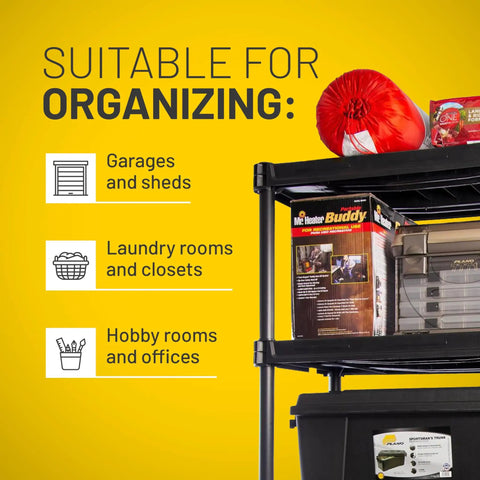 Heavy Duty Five Shelf Plastic Storage Rack Measuring 73 X 36 X 18 Inches With A 750 Lb Weight Capacity Built Like A Tank For Garage Pantry Closets And Offices Easy As Pie Setup, shown in garage with organized items.