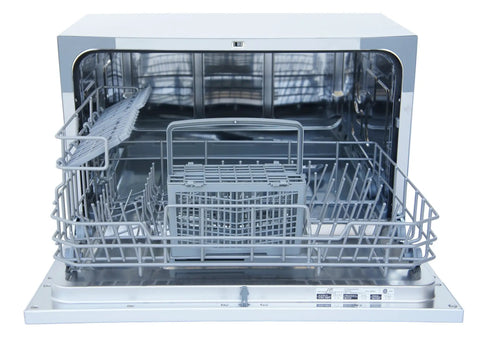 Interior view of Compact Countertop Dishwasher Featuring A Slick Digital Interface And Six Heavy Duty Wash Cycles Engineered For Top Tier Energy Savings With Quick Connect Faucet Adapter And Flexible Delay Start For A Truly No Sweat Cleaning Routine In Crisp White, showcasing dish racks and soak basket.