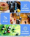 Dope Electrolytic Capacitor Kit With 24 Values And 500 Pieces From 0.1uF To 1000uF 10V 16V 25V 50V Aluminum Capacitors In Clear Storage Box For DIY Projects And Electronics Repair displayed with circuit boards and maintenance tools.