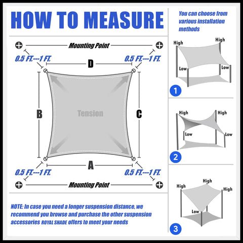 Diagram showing measurement methods for installing a sun shade sail, detailing mounting points and tension guides.