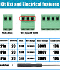 Pluggable Screw Terminal Block With 3.81 mm Pitch Offers 2P 3P And 4P Options showcasing kit list, features, and screwdriver.