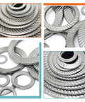Premium M6 Lock Washers Double Sided 304 Stainless Steel close-up, showcasing knurled teeth design and various sizes in a 100 pack.