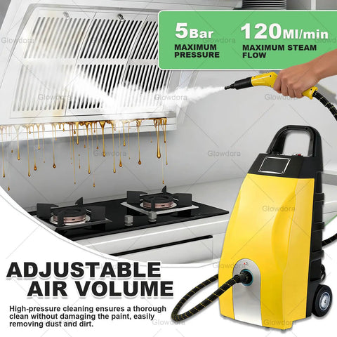 3.5L High Power Steam Cleaner 3000W With Continuous Steam & 9 Accessories For Kitchen, showcasing adjustable air volume for grease removal.