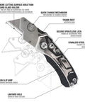 Detailed view of Heavy Duty Stainless Steel Utility Knife Featuring A Durable Fold Handle With Rock Solid Razor Sharp Replaceable Blade.