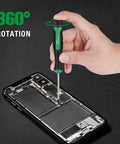 Hella Durable 12 Piece Mini Screwdriver Set Featuring Rock Hard Magnetic Bits And Smooth 360 Degree Swivel For Nitty Gritty Precision and Tech Fixes in use on phone repair.