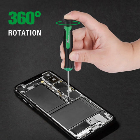 Hella Durable 12 Piece Mini Screwdriver Set Featuring Rock Hard Magnetic Bits And Smooth 360 Degree Swivel For Nitty Gritty Precision and Tech Fixes in use on phone repair.