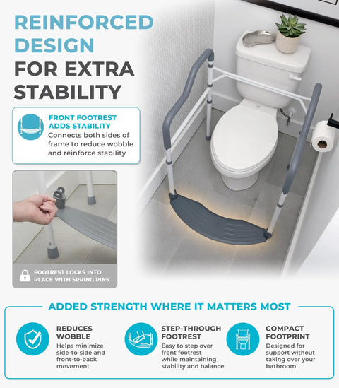 Reinforced Sturdy Toilet Safety Rails For Seniors Offering Beefy Support With Plush Arm Grips And Solid Footrest Makes Daily Standing Easy Up To 300 Lbs Fits Standard Toilets Naturally With Quick Detachable Setup For Zero Hassle Independence.