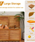 Acacia Wood Deck Box Bench 47 Gallon Outdoor Storage Chest With Seating showing storage use for cushions, blankets, tools