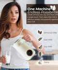 Woman pouring almond milk using 8-In-1 Nut Milk Maker With 32 Oz Capacity For Almond Milk Oat Milk Soy Milk Coconut Dairy Free Milks Plant Based Milk Delay Start Self Cleaning 50 Recipe Cookbook And Milk Frother in a kitchen.