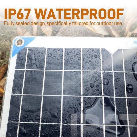 High Efficiency Monocrystalline Solar Trickle Charger Maintainer With Smart Charge Controller showing waterproof surface with droplets.