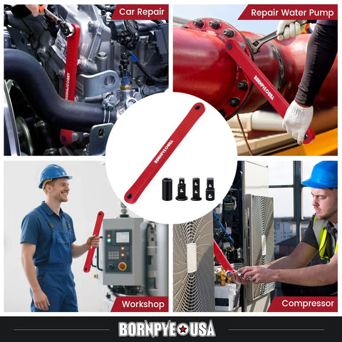 Beefy Offset Extension Wrench Set With Impact Ready Socket Extender, shown in various uses: car repair, water pump, workshop, compressor.
