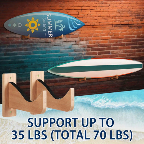 4 Piece Ash Wood Surfboard Wall Mount Kit With Curved Wave Grip To Hang Your Board Horizontally On Garage Or Studio Walls For Tight Surf Vibes And Gnarly Collection Display, featuring two mounted boards.