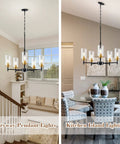 Three Light Linear Kitchen Island Chandelier Rectangle Pendant Lights For Dining Room Farmhouse Hanging Lights With Glass Shades Black And Gold Finish shown in a dining room and entryway.