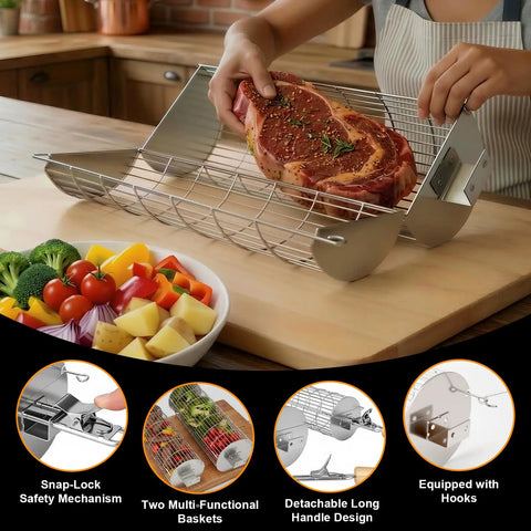 Rolling Grill Basket With Removable Handle 304 Stainless Steel Nesting Grilling Net for Veggies and Shrimp with steak on kitchen counter
