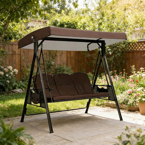 Universal 3 Seat Patio Swing Canopy Top Replacement Cover 75-Inch By 47-Inch in garden setting, shown in use on swing frame.