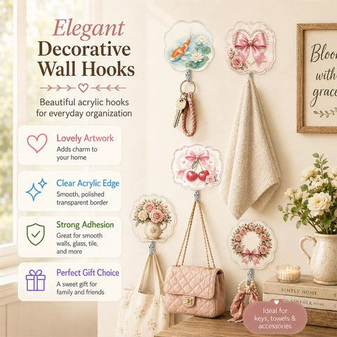 Set of four Top Shelf Apple Farmhouse Acrylic Wall Hooks With Hella Strong Adhesive Backing decorative hooks for organization.