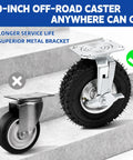 10 Inch Heavy Duty Pneumatic Caster Wheels With Secure Brake Set Of Four Featuring Two Swivel And Two Rigid Units displayed on stairs.