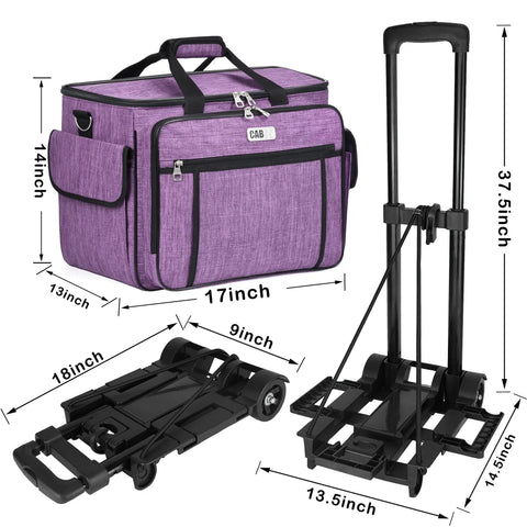 Smooth Rolling Sewing Machine Case With Wheels And Solid Frame Easily Haul Your Craft Gear Across Town As A Comfy Purple Trolley Tote with dimensions.