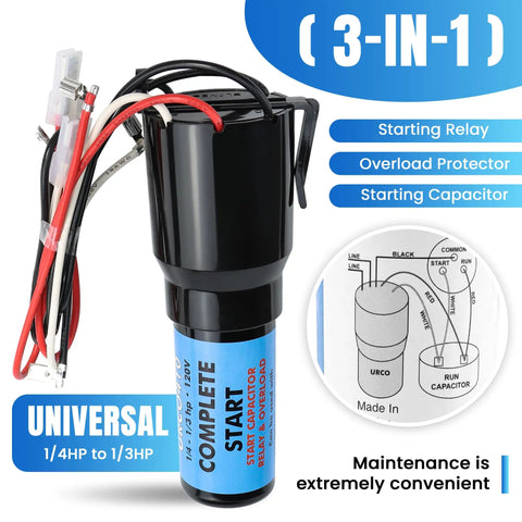 Urco410 3 In 1 Hard Start Kit For Fridges And Freezers Featuring Relay Overload And Capacitor Combo, universal 1/4HP to 1/3HP.
