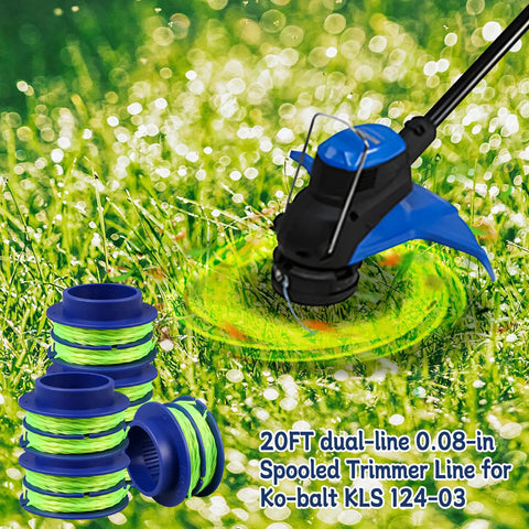 Straight Up Top Tier Trimmer Spool Replacement Kit For KLS 124-03 String Eater, Five Pre Wound 0.08 Inch Twisted Nylon Cores With Snap Tight Caps, Heavy Hitting Design Crushes Daily Yard Work Smoothly. Image shows spooled nylon line and trimmer on grass.