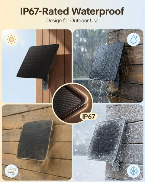 IP67-rated waterproof Heavy Duty Solar Panel Charger For Trail Cameras mounted on various surfaces, showcasing outdoor durability.