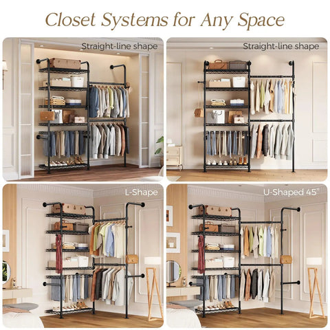 Ultimate Wall Mounted Closet Organizer Game Changer With Hefty Industrial Pipe Build showcasing L-shape and straight-line configurations.
