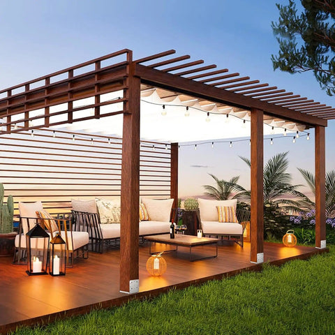 Outdoor pavilion with decorative lights and furniture, showcasing Adjustable 8 By 8 Post Base Bracket Set, Stainless Steel Post Anchor for Pavilion Deck Porch Handrail Railings, 4 Pieces, Internal 7.8 By 7.3 Inches, Sturdy Easy Install, Decorative Anchor Plate