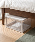 Clear Stackable Storage Bins With Transparent Slide Front Doors under bed for organized storage, plastic box with clear sliding door.
