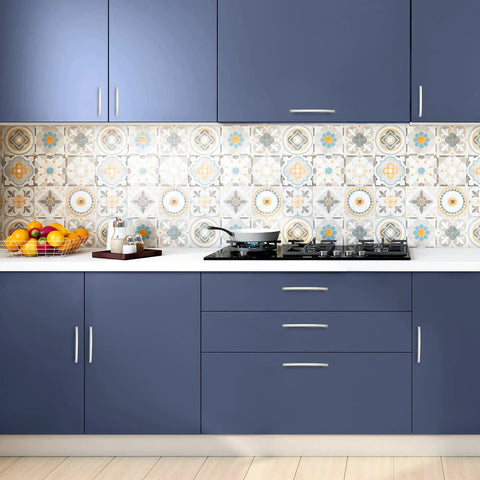 30 Pack 6 Inch Curved Cabinet Pulls Brushed Nickel Zinc Alloy for Kitchen Cupboards and Drawers on blue cabinets