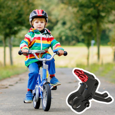 Child on bicycle with Pair Two Finger Aluminum Alloy Bicycle Brake Levers Universal 22mm Fit For Kids, red detail inset.
