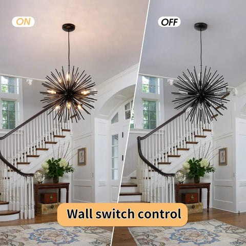 Modern Black Sputnik Chandelier 9 Light Pendant Ceiling Fixture With Starburst Firework Design in a hallway, light on and off.