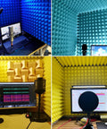 Portable Vocal Booth Box Desktop Soundproof Shield with Acoustic Foam Panel for Home Studio Recording Noise Blocking and Reverb Dampening to Crank Out Clean Vocals Anywhere Flame Retardant Design for Safety in a colorful vocal booth setup.