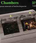 Close-up of dual-chamber 37.6 gallon outdoor compost bin showing separate chambers with rotating drum, gray color.
