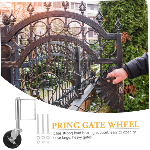 Heavy Duty Spring Loaded Gate Caster Wheels Set Featuring Rust Resistant Black Steel Build And Rock Solid Load Capacity For Hassle Free Swinging On Big Outdoor Property Gates, shown with a decorative gate.