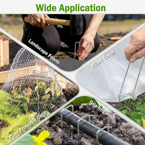 Image showing various applications of 200 Pack Landscape Staples Garden Stakes 6 Inch 11 Gauge Galvanized Ground Pins.