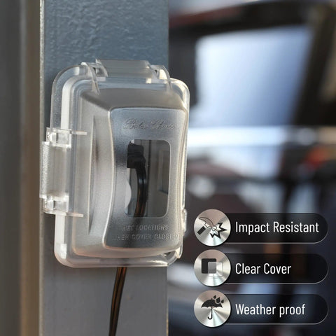 Insane Weatherproof Electrical Outlet Covers 3 Pack 1 Gang Outdoor Plugs Sun Stabilized Polycarbonate attached to wall.
