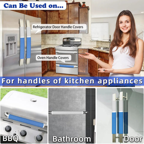 Set Of 4 Blue Fridge Door Handle Covers Wipe Down Easy Guards for kitchen handles, shown on fridge and oven, demonstrates cleaning impact.
