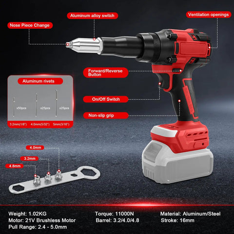 Heavy Duty Cordless Rivet Gun With Brushless Motor And Serious Torque Handles Stubborn Fasteners No Sweat Keeps Auto Repair Tight And Efficient Runs Smooth With Milwaukee 18V Batteries Snappy Tool Only shown with specifications and features.