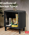 Velo 30 Gallon Outdoor Storage Cabinet with weather-resistant resin, steel reinforcement, lockable, wood look finish shown open with tools and boots.