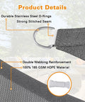 Pro Grade Sun Shade Sail Triangle 14Ft By 14Ft By 19.8Ft Dark Grey With Curved Edges 185GSM HDPE shown with features