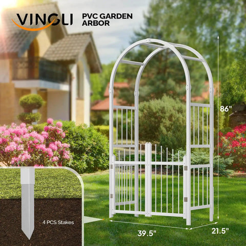 White PVC Garden Arbor With Gate Wedding Arch For Outdoor Ceremony And Party, Trellis For Climbing Plants in backyard