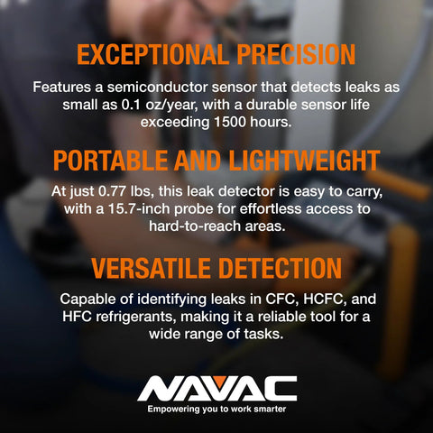 NAVAC NML1 refrigerant leak detector banner showing NAVAC logo and orange text about a semiconductor sensor.