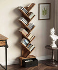 Dope Vintage Tree Bookshelf With Nine Shelves And Side Drawer, Solid Wooden Corner Storage Rack For Books Vinyl Records Decor, Rustic Brown Shelf Vibe Straight Fire Display For Your Chill Space in a cozy living area.