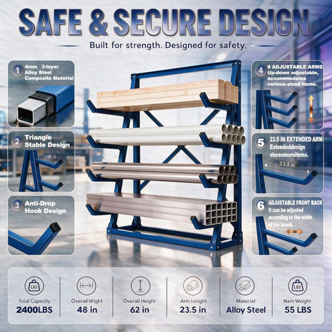 Rugged 8 X 20 Adjustable Arm Lumber Rack Four Tier Cantilever Wood Storage Organizer Waterproof Steel Shop Shelf, with adjustable arms.